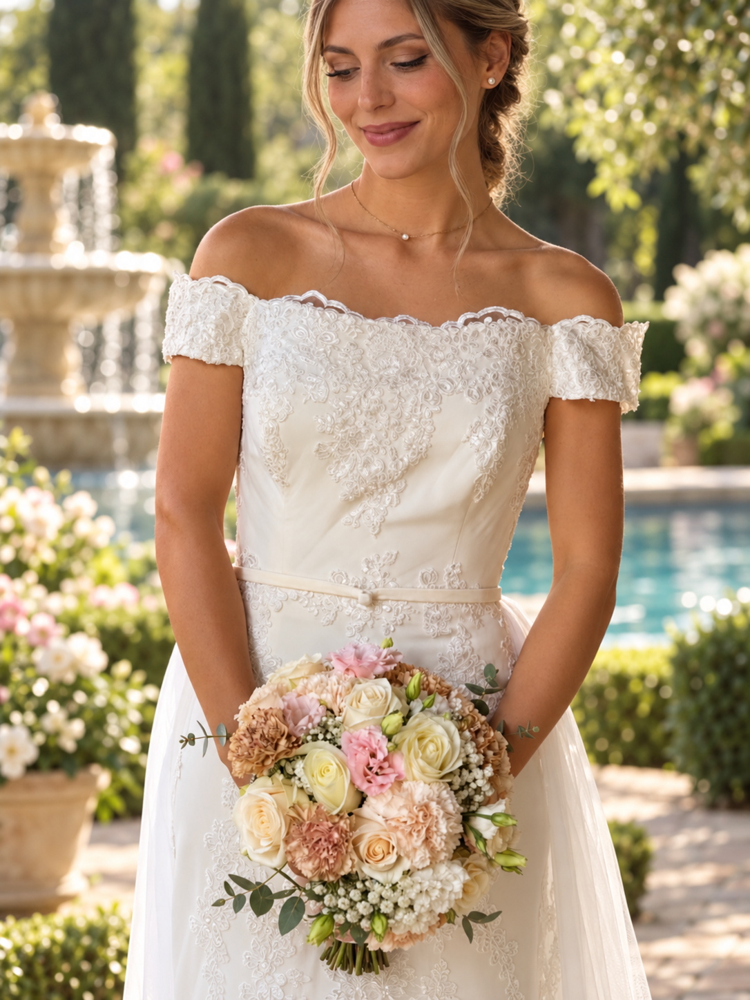 Abito da sposa in pizzo con bouquet